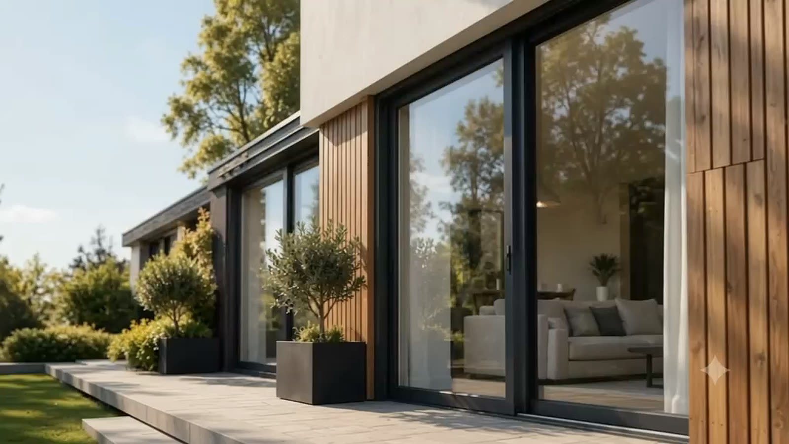 Woning met kunststof schuifpui en houten gevelbekleding, uitkijkend op de tuin
